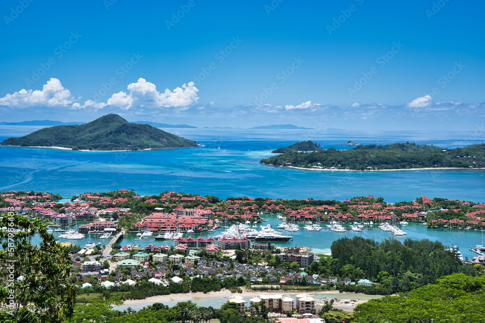 View of eden island, St Anne island, praslin & La Digue and the marine park of St Anne, Mahe Seychelles.