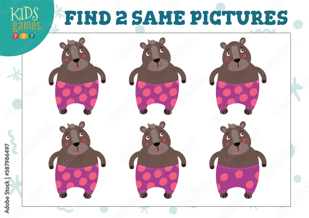Find two same pictures kids game vector illustration. Find two same pictures kids game vector illustration.