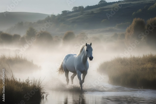Image of white horse running on water in foggy morning time on natural background. Wild Animals. illustration. Generative AI.