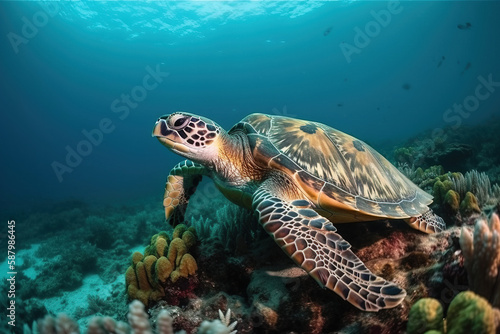 Image of hawksbill turtle swimming under the sea. underwater animals. illustration, generative AI. © yod67
