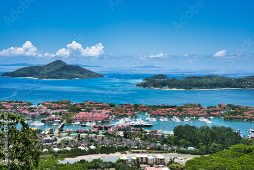 View of eden island, St Anne island, praslin & La Digue and the marine park of St Anne, Mahe Seychelles.