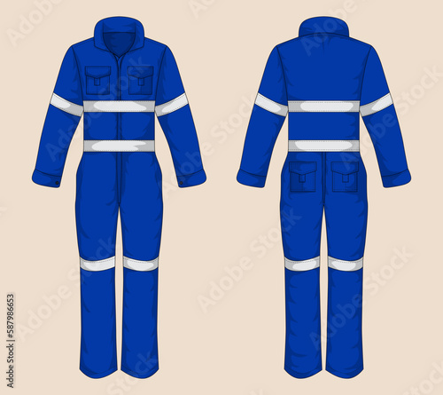 Blue work uniform front and back view. Vector illustration