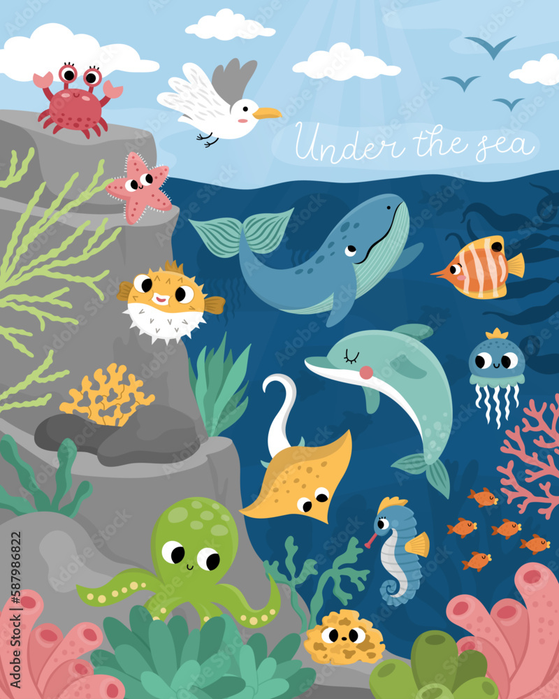 Vector under the sea landscape illustration with rock slope. Ocean life scene with animals, dolphin, whale, shark, seagull, sun. Cute vertical water nature background or card for kids.