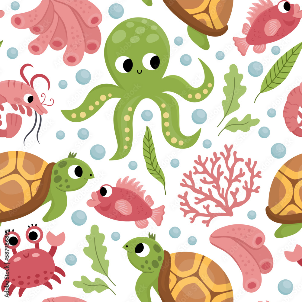 Vector under the sea seamless pattern. Repeat background with tortoise, octopus, corals, crab. Ocean life digital paper. Funny water animals and weeds illustration with cute fish. Vector under the sea seamless pattern. Repeat background with tortoise, octopus, corals, crab. Ocean life digital paper. Funny water animals and weeds illustration with cute fish.
