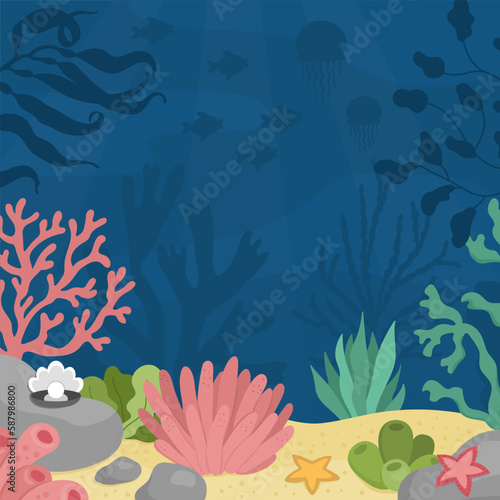 Vector under the sea landscape illustration. Ocean life scene with sand  seaweeds  stones  corals  reefs. Cute square water nature background. Aquatic picture for kids.