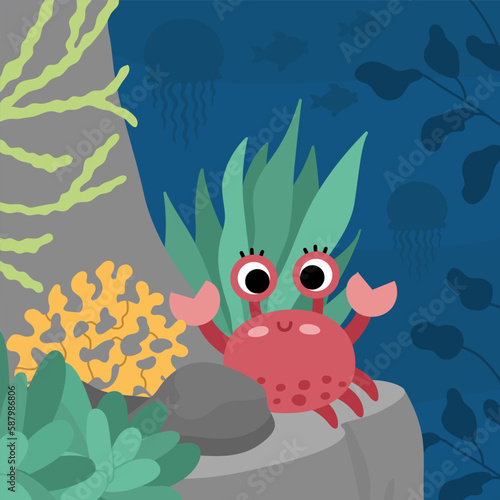 Vector under the sea landscape illustration with red crab on rock. Ocean life scene with reef, seaweeds, stones, corals, fish. Cute square water nature background. Aquatic picture for kids.