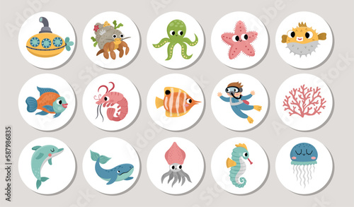 Cute under the sea round cards set with dolphin, whale, starfish, octopus. Vector ocean life highlight icons. Aquatic design for tags, ads, social media with diver, squid, hermit crab, jellyfish.