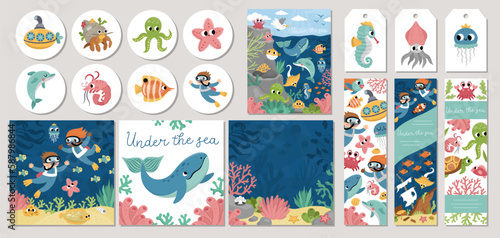Cute under the sea cards set with seaweeds, fish, divers, submarine. Vector cartoon ocean life square, round, vertical print templates. Aquatic design for tags, postcards, ads with water animals.