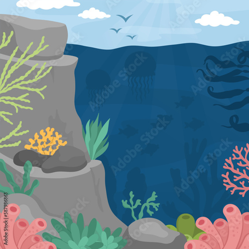 Vector under the sea landscape illustration. Ocean life scene with reef, seaweeds, stones, corals, fish, rocks. Cute square water nature background. Aquatic picture for kids with sky and sun.