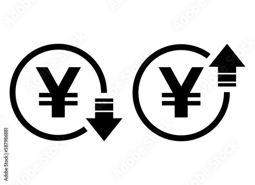 Set of cost symbol yuan increase and decrease icon. Money vector symbol isolated on background