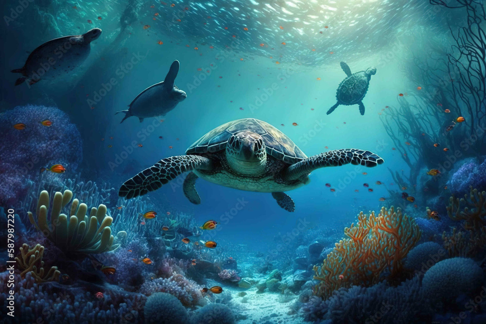 Underwater world with inhabitants, swimming turtles. Created with Generative Ai technology.