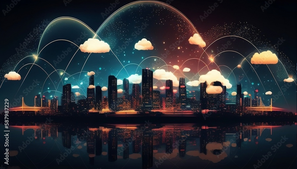 Cloud Computing Creative Illustration. Night City Skyline, World Connected by Cloud Computing, Cloud Computing panorama view, aerial view