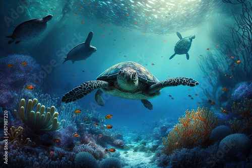 Underwater world with inhabitants, swimming turtles. Created with Generative Ai technology.