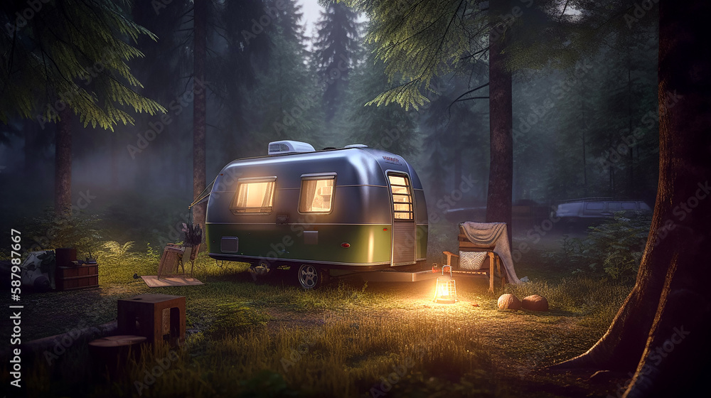 Caravan Outdoor Camping in The Enchanted Forest, Nighttime Adventure, Woods Bonfire. Generative AI.