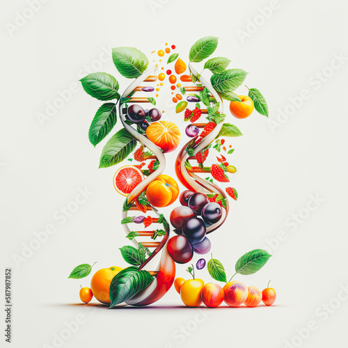 An Image of two coloroful DNAs, filled with fruit, on a white background, created with AI photo