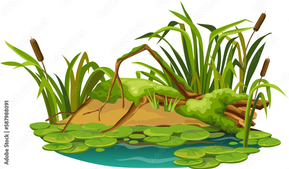 Obraz premium Stump in moss in marsh. Cartoon log in swamp jungle. Broken tree oak, salvinia, water lily. Isolated vector element on white background.