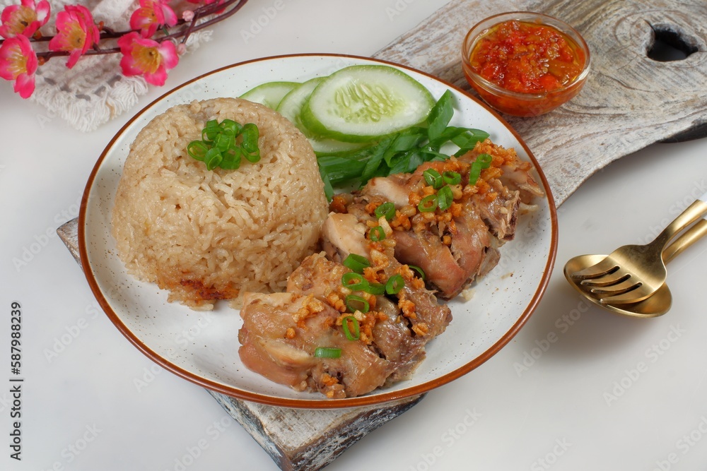 Asian cuisine Hainanese Chicken Rice or nasi hainan