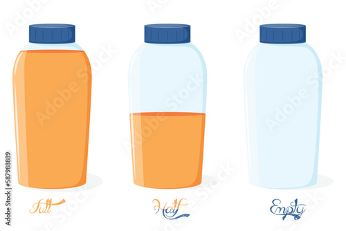 Comparison of full, half and empty juice glass bottles