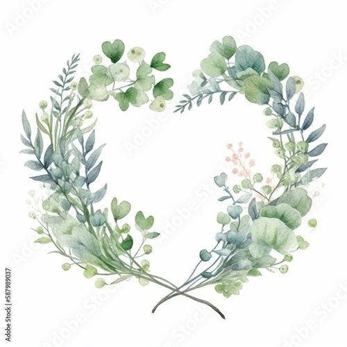 Watercolor Valentines Day Floral Heart Frame Wreath. Hand painted green eucalyptus leaves, forest fern, isolated on white background. Botanical illustration, wedding invitation. Generative AI.
