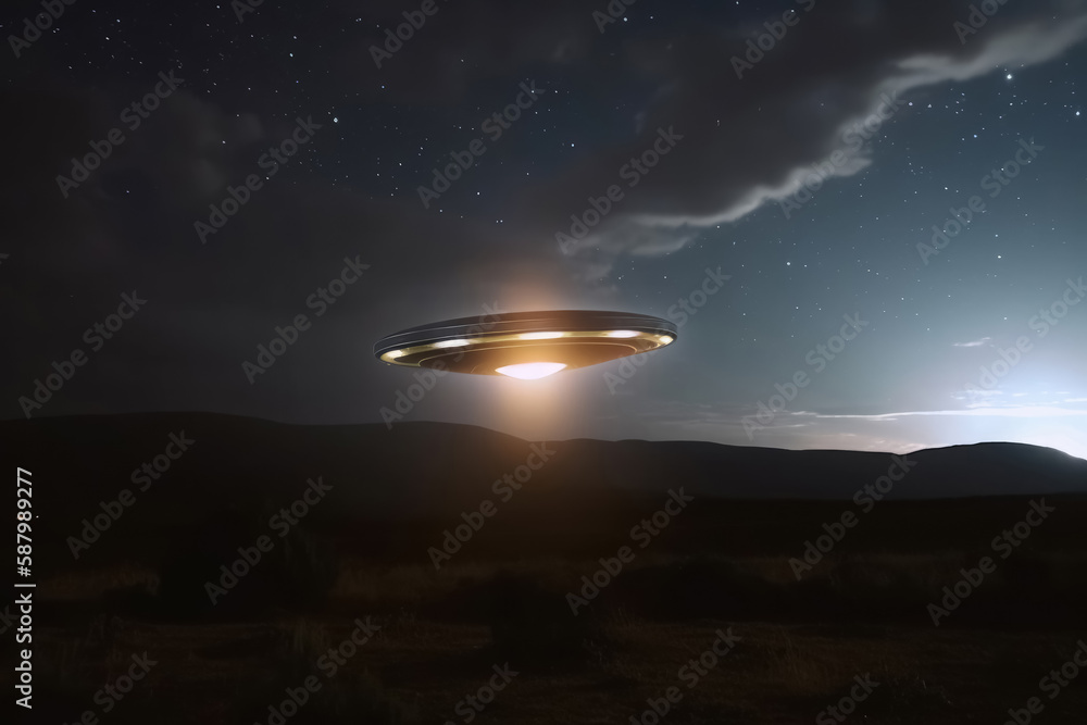 A UFO with a spotlight pointed at the bottom of the landscape - Stars ...