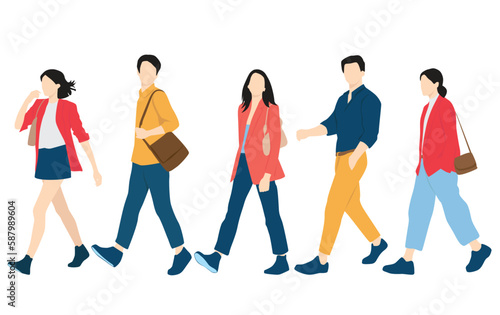  Set of young men and women, different colors, cartoon character, group of silhouettes of walking business people, students, the design concept of flat icon, isolated on white background