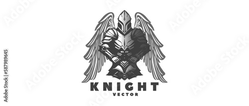Vector black and white winged knight in armor on an isolated background. Logo, sticker or emblem.