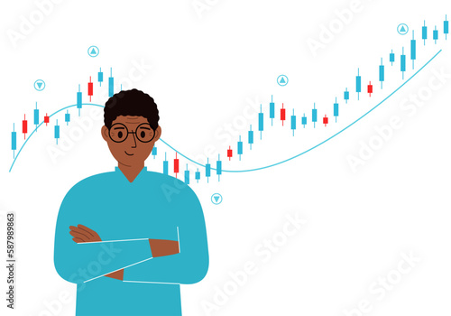 A man on the background of a Forex chart. Conceptual illustration on the topic of strategic planning in trading on the stock exchange.