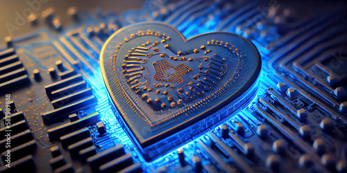 Glowing microcircuit or microprocessor in the form of a heart on an electronic circuit board, close-up. Generative AI