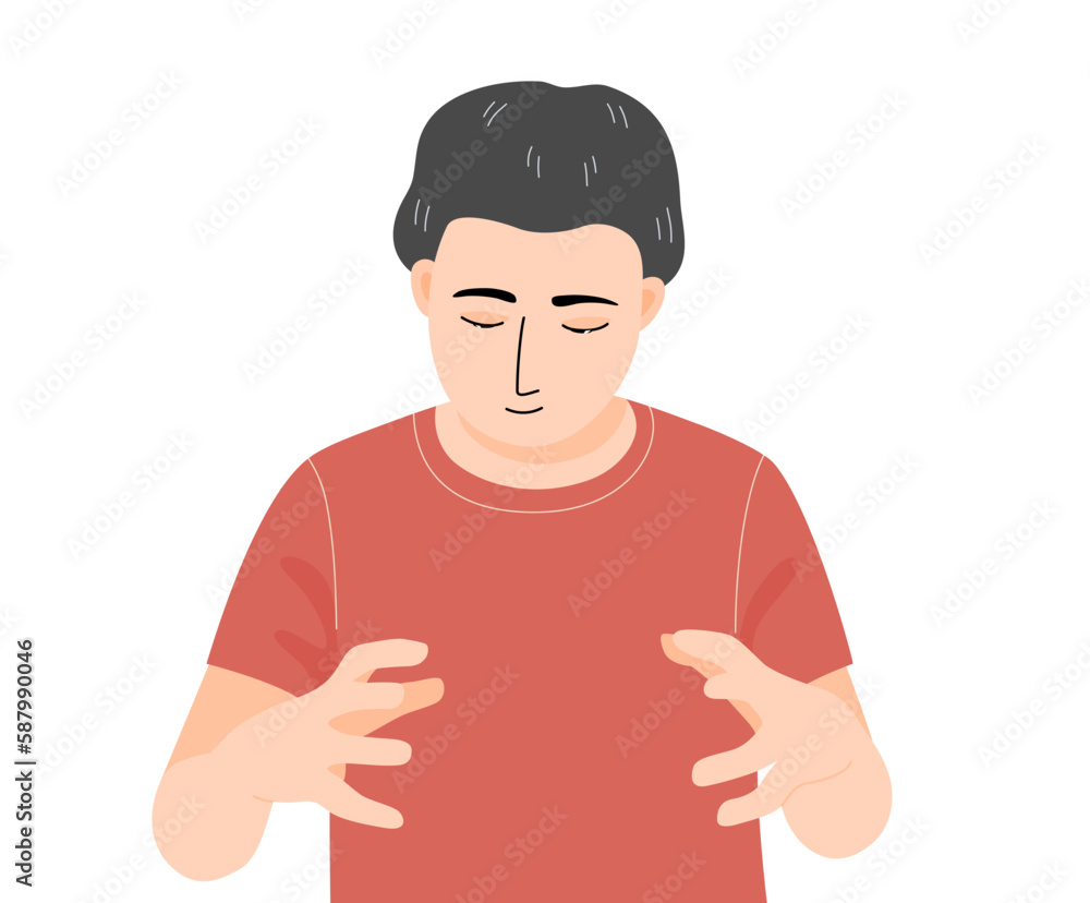 Isolated of a man smiling and focusting on hands holding empty space, between hands in flat vector illustration.