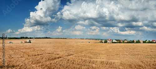 Wheat fields with stubble and village on the horizon, combine harvester and m...