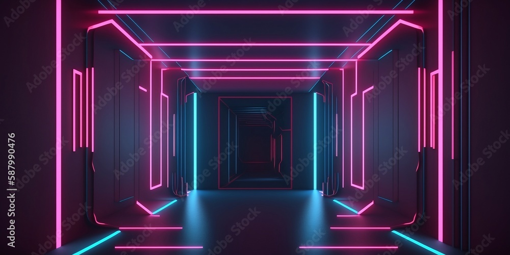 Fototapeta premium Futuristic empty neon background. High tech lines interior, 3D illustration 