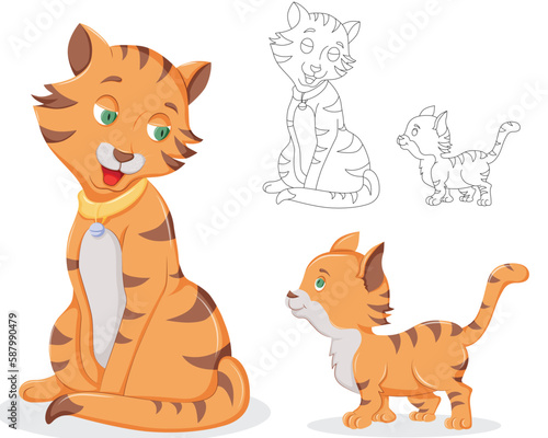 the Mother cat caring over a baby cat with a outline vector