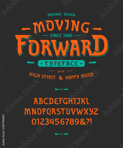 Vector font Moving Forward. Letters and numbers
