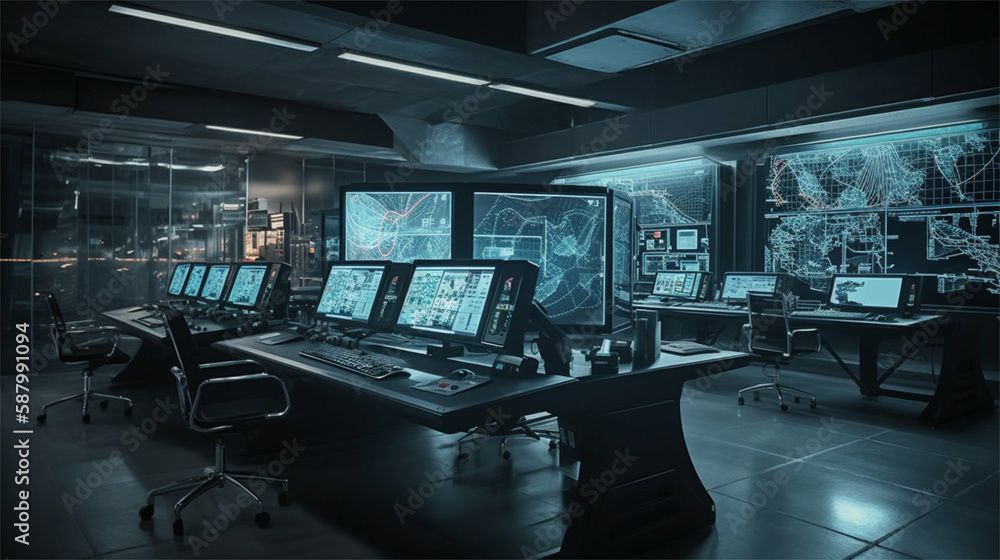 Fototapeta premium Futuristic office / workspace of a technology business in minimalistic modern style -Generative art