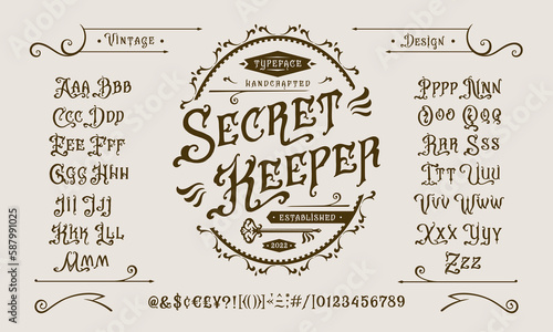 Vector font Secret Keeper. Letters and numbers
