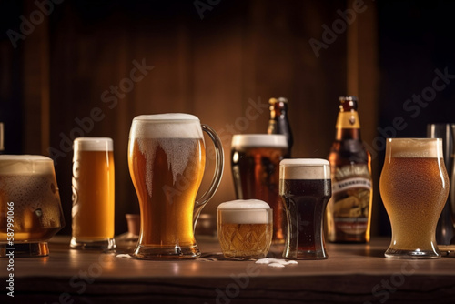 different types of beer on the bar bar of the pub. Beer assortment. Cold different glasses of beer on the wooden table. generative ai