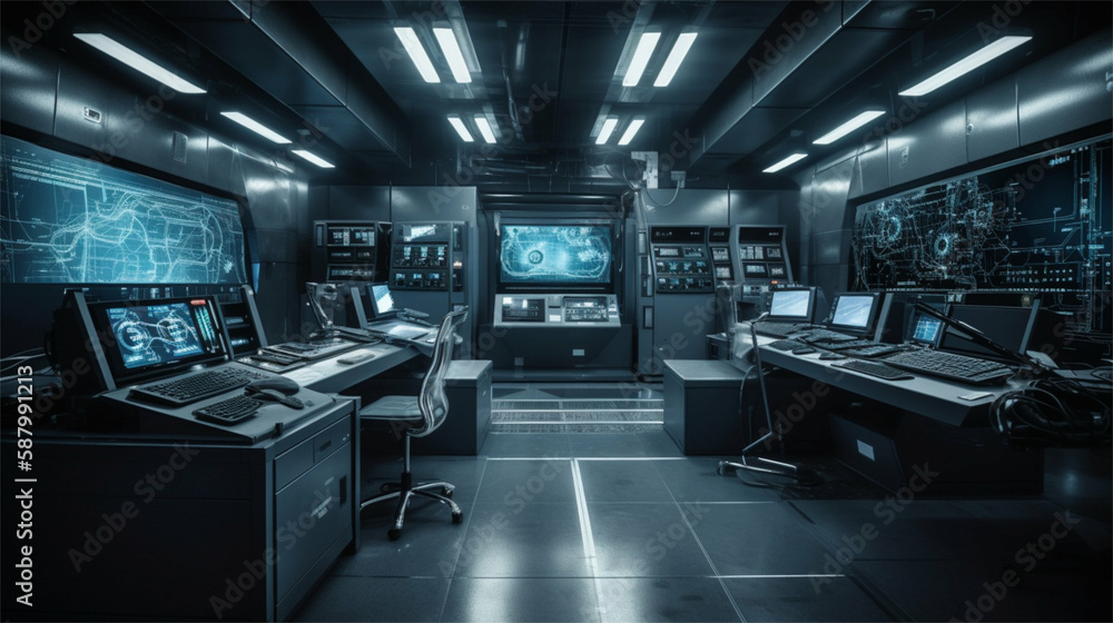Fototapeta premium Futuristic office / workspace of a technology business in minimalistic modern style -Generative art