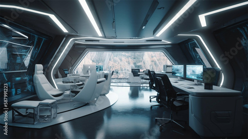 Futuristic office / workspace of a technology business in minimalistic modern style -Generative art