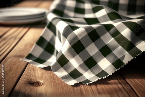 Checkered tablecloth on wooden table. Ai. Picnic background