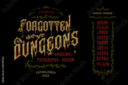 Vector vintage font Dungeon. Letters and numbers