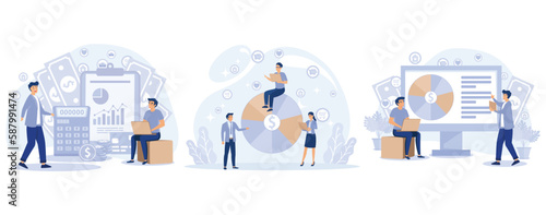 Budget management. Personal financial control. Cash flow. Tiny people is planning the personal budget, set flat vector modern illustration