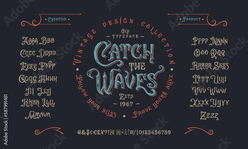 Vector font Catch the waves. Letters and numbers