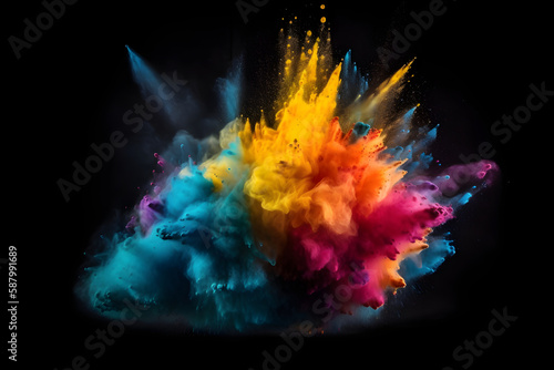 Generative Ai illustration. Colored powder explosion. Copy space