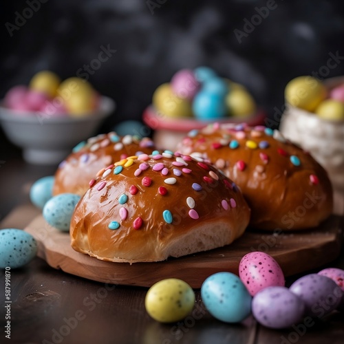 Easter Bread with Colorful Easter Eggs Generative AI
