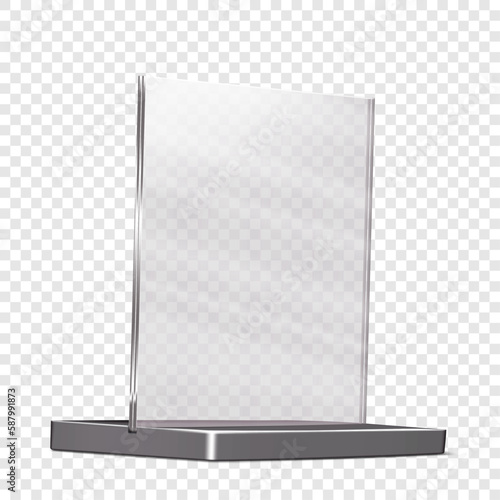 Promotional acrylic display stand realistic mockup. Clear square plexi stand on transparent background mock-up