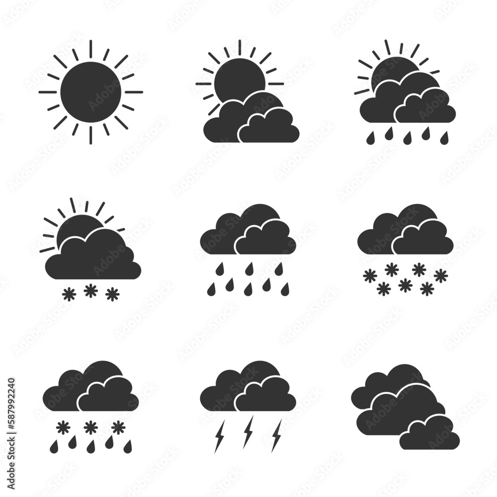 Different weather conditions icons. Weather icons set. Vector illustrations. Different weather conditions icons. Weather icons set. Vector illustrations.