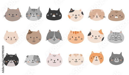 Fototapeta Naklejka Na Ścianę i Meble -  Hand-drawn cute cat faces in different style. Flat cat face vector set. Adorabe and minimal cat faces vector.