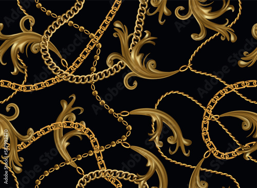 Gold chain pattern. Baroque ornament. Print for embroidery scarf. Venetian patch. Belt with vintage leaves. Golden flourish and jewel necklace. Vector exact seamless repeat background