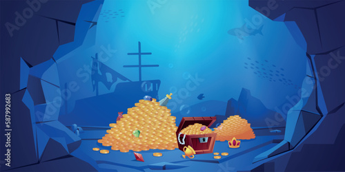 Sea underwater treasures in chest. Adventure background in game design cartoon style. Pirate coins and crown. Ship on marine bottom. Gold money heap. Vector recent cartoon illustration