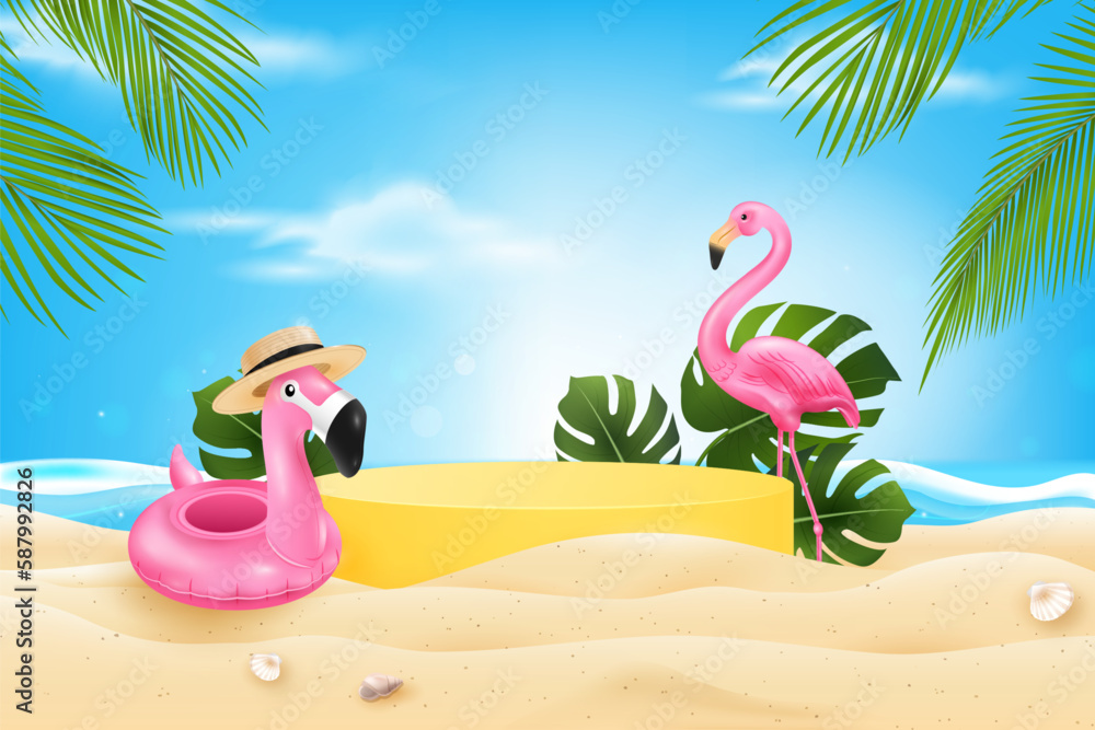 Stage podium for product display in sandy summer beach background with pink flamingo birds - obrazy, fototapety, plakaty 